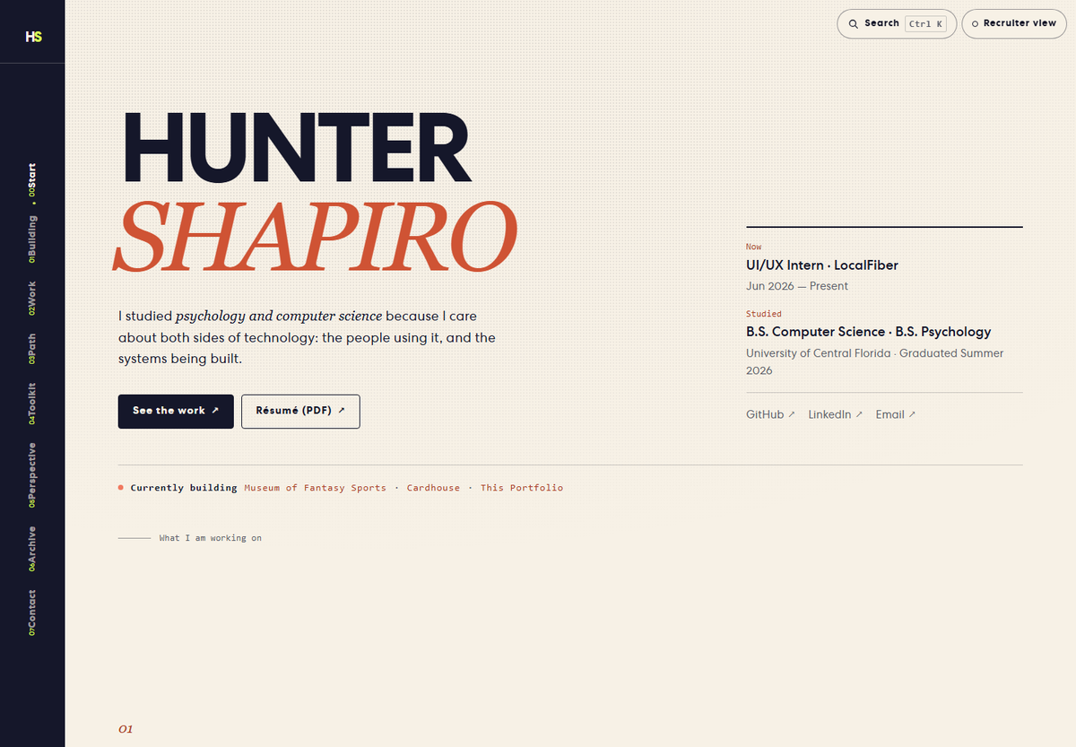 The current version of the portfolio: the wordmark on the left, an at-a-glance panel on the right listing the current role and degrees, and a line of links to what is currently being built